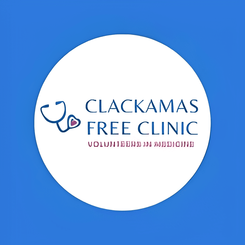 Clackamas Free Clinic logo on blue background.