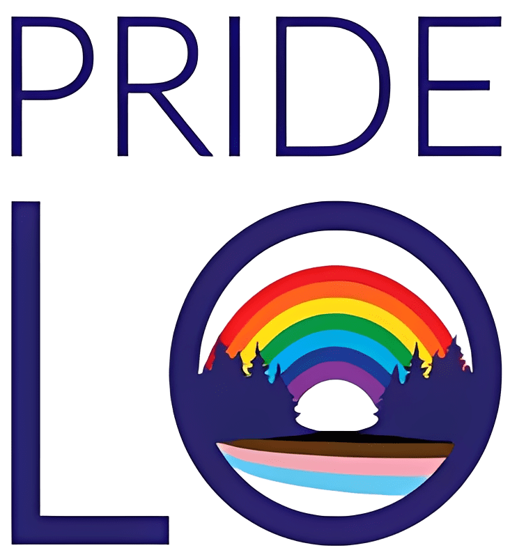 Pride logo with rainbow and trees.