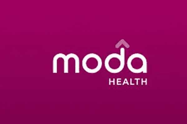 White Moda Health text on purple