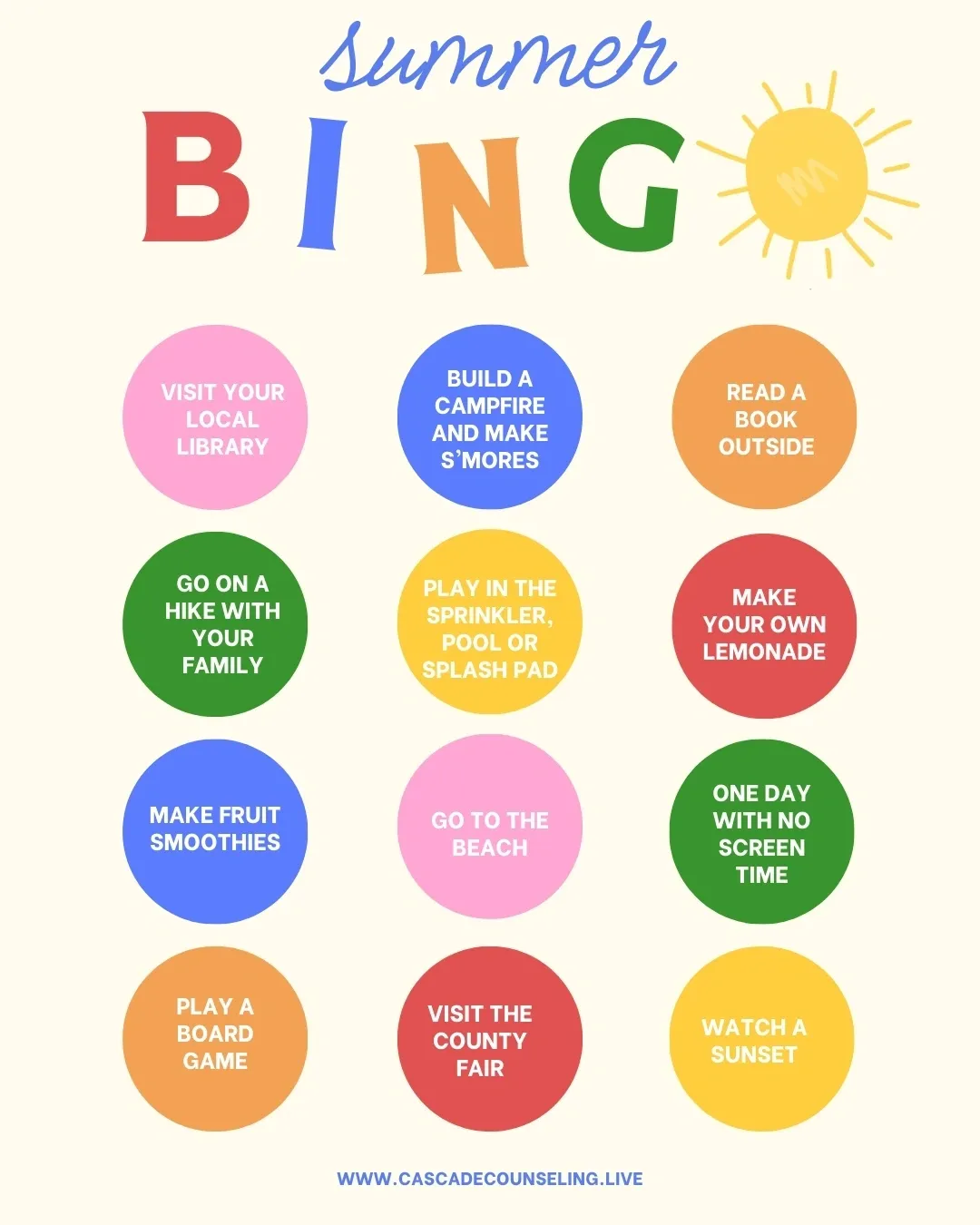 Summer bingo activity sheet with colorful circles.