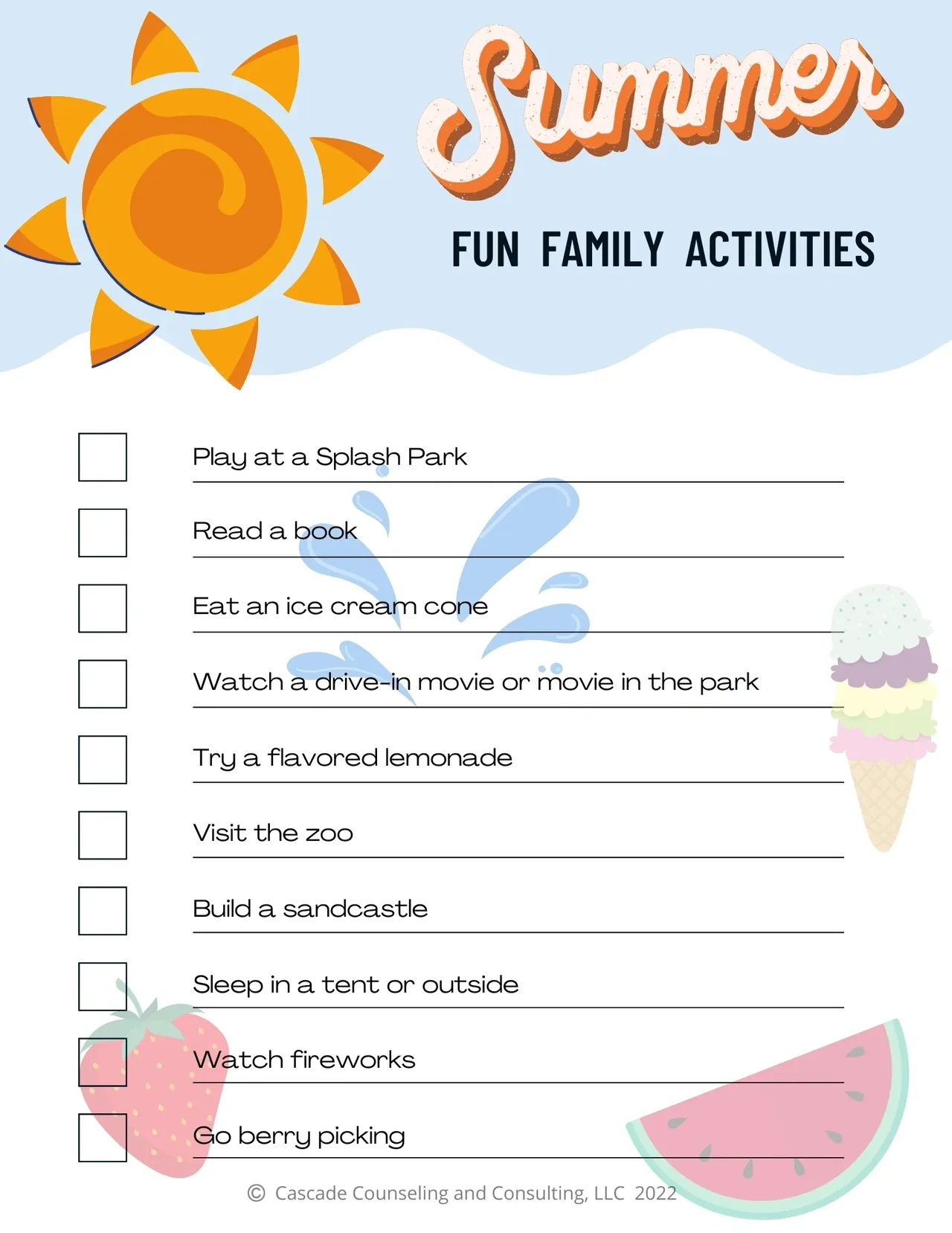 Summer activities checklist with illustrations