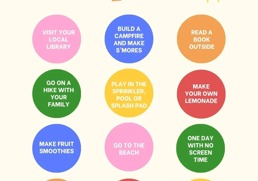 Summer bingo activity sheet with colorful circles.